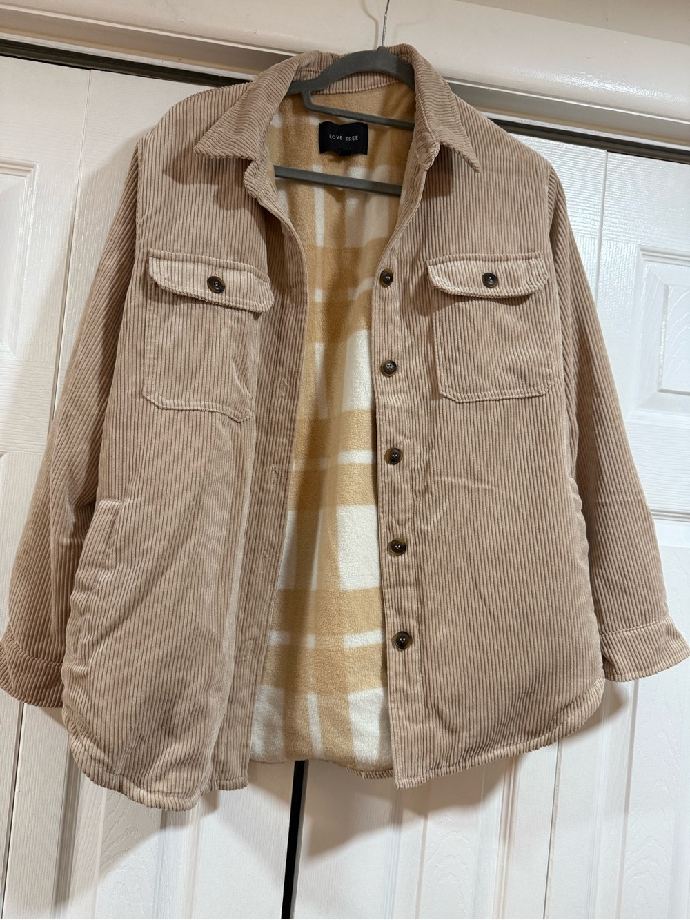 Love Tree Tan Corduroy Shacket with Plaid Lining